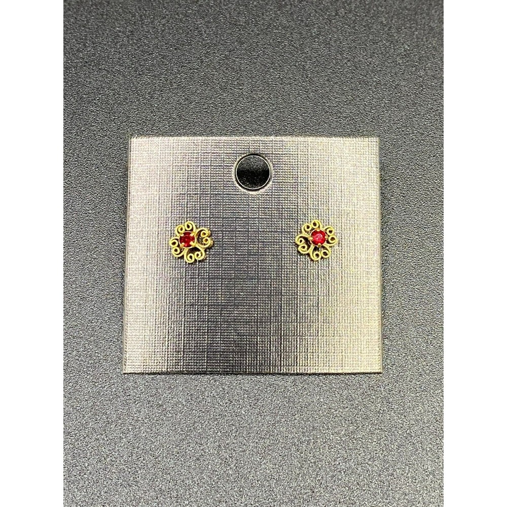 Stud Earrings Gold Tone Filigree and Red Crystal Good Condition VINTAGE